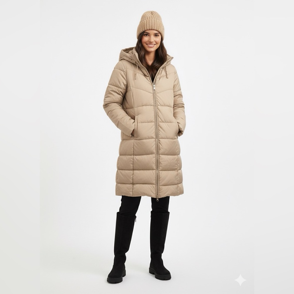 🆕 Shein | Women's Cream Beige Long Puffer Jacket with Hood NWOT